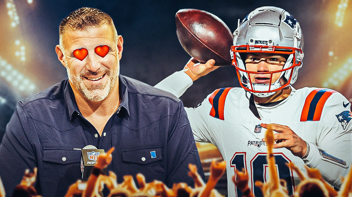 Patriots head coach Mike Vrabel with hearts over his eyes, and Patriots quarterback Drake Maye throwing a football.