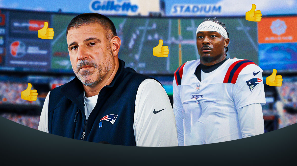 Patriots coach Mike Vrabel and Stefon Diggs in a New England Patriots uniform with thumbs up emojis as diggs is a good fit for the patriots offense.