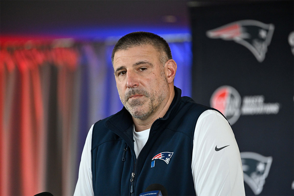 Mar 13, 2025; Foxborough, MA, USA; New England Patriots head coach Mike Vrabel discusses the teamís recent free agent additions with the media at Gillette Stadium.