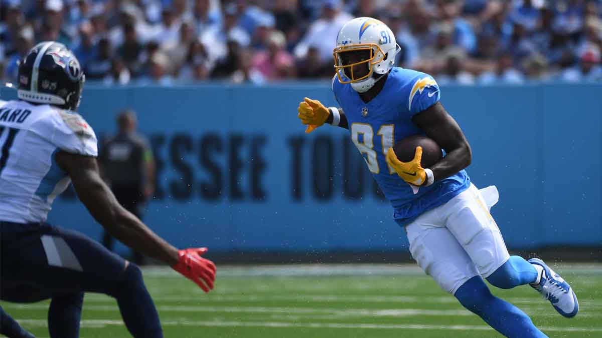 Sep 17, 2023; Nashville, Tennessee, USA; Los Angeles Chargers wide receiver Mike Williams (81) runs after a catch during the first half against the Tennessee Titans at Nissan Stadium.