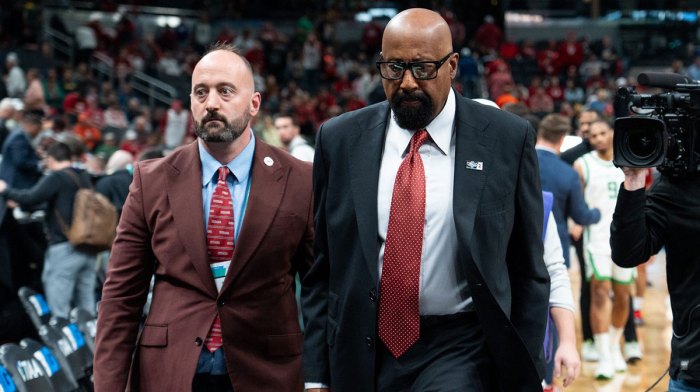 Indiana Hoosiers head coach Mike Woodson walks off the court Thursday, March 13, 2025, after the team’s 72-59 loss to the Oregon Ducks during the 2025 TIAA Big Ten Men’s Basketball Tournament at Gainbridge Fieldhouse in Indianapolis.