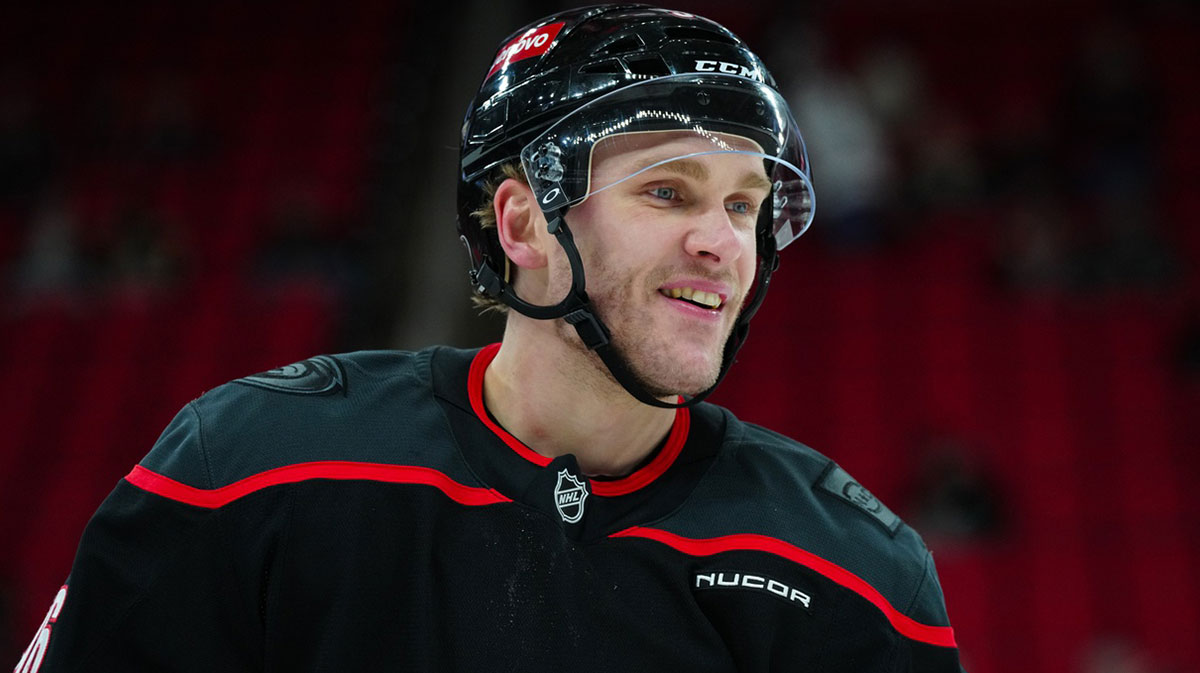 Carolina Hurricanes right wing Mikko Rantanen (96) looks on during the warmups before the game against the Boston Bruins at Lenovo Center.