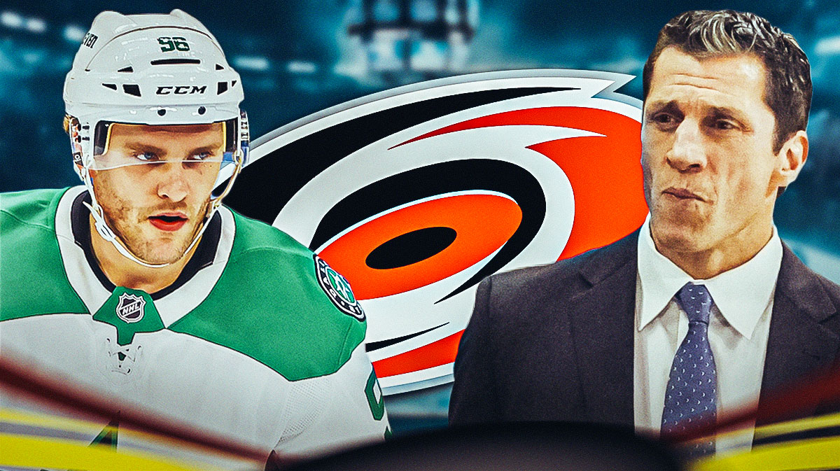 Mikko Rantanen in a Stars uniform. Hurricanes logo near him. Rod Brind'Amour