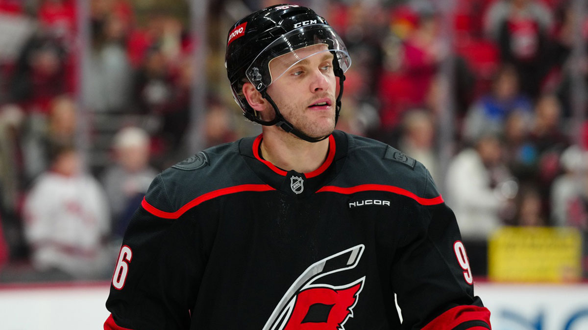 Carolina Hurricanes right wing Mikko Rantanen (96) looks on during the warmups before the game against the Boston Bruins at Lenovo Center.