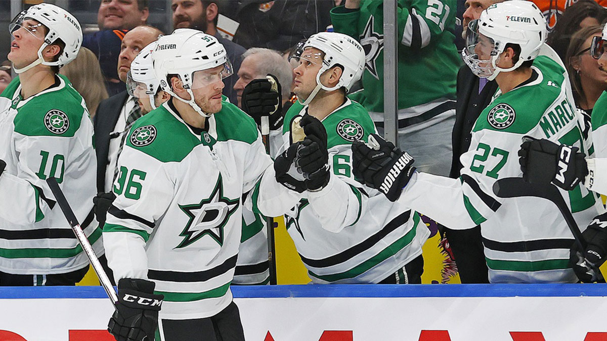 The Dallas Stars celebrate a goal by forward forward Mikko Rantanen (96) during the third period against the Edmonton Oilers at Rogers Place.