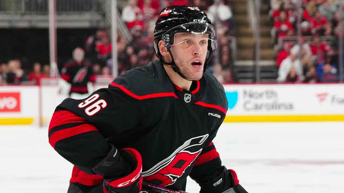 Carolina Hurricanes right wing Mikko Rantanen (96) watches his shot against the Edmonton Oilers during the third period at Lenovo Center.