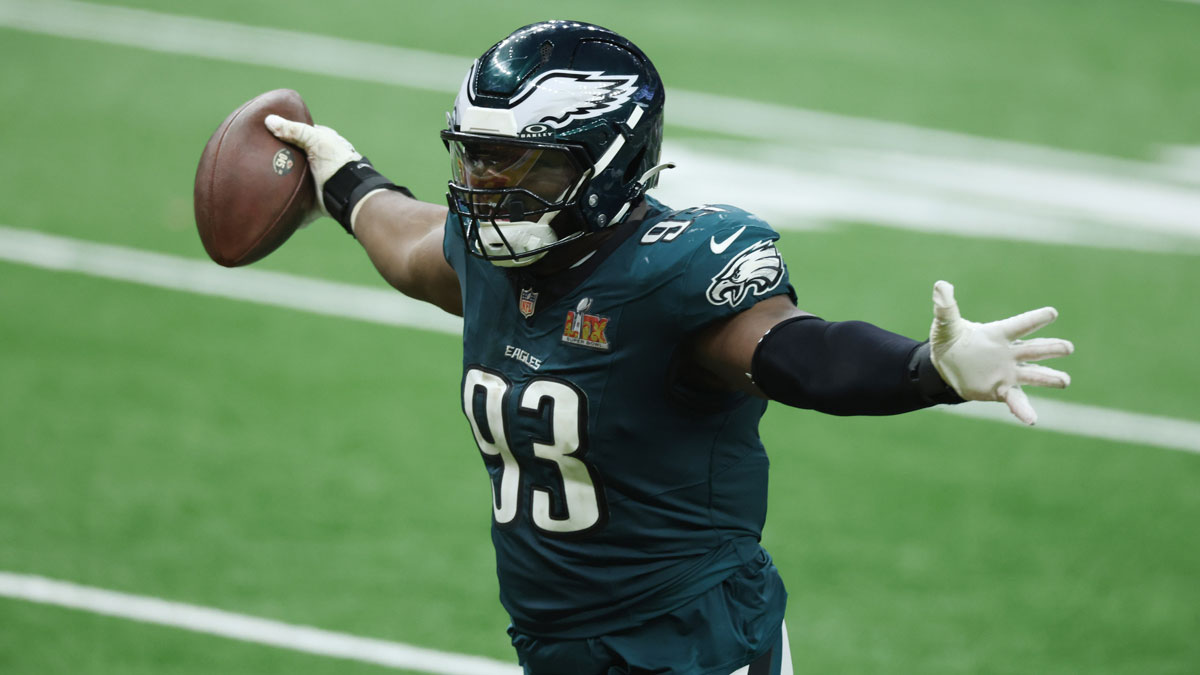 Philadelphia Eagles defensive tackle Milton Williams (93) celebrates a fumble recovery in the fourth quarter in Super Bowl LIX at Ceasars Superdome. 