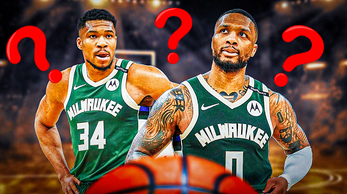 Damian Lillard and Giannis Antetokounmpo in image, 3-5 question marks, basketball court in background
