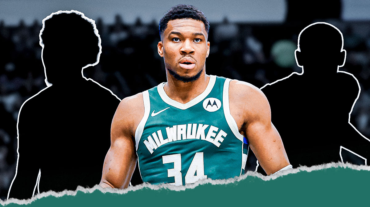 Featured Graphic idea: Silohouette of Bucks Ryan Rollins and Silohouette of guard Jamaree Bouyea next to image of Giannis Antetokounmpo looking hyped