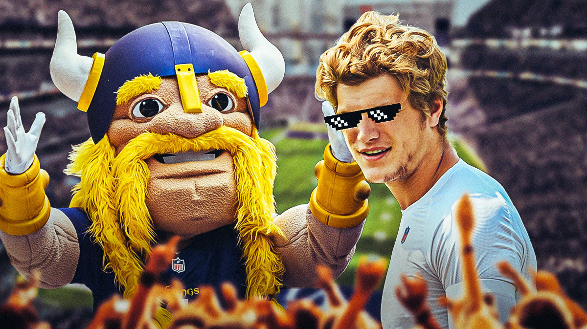 Minnesota Vikings mascot with JJ McCarthy (vikings) with deal with it shades