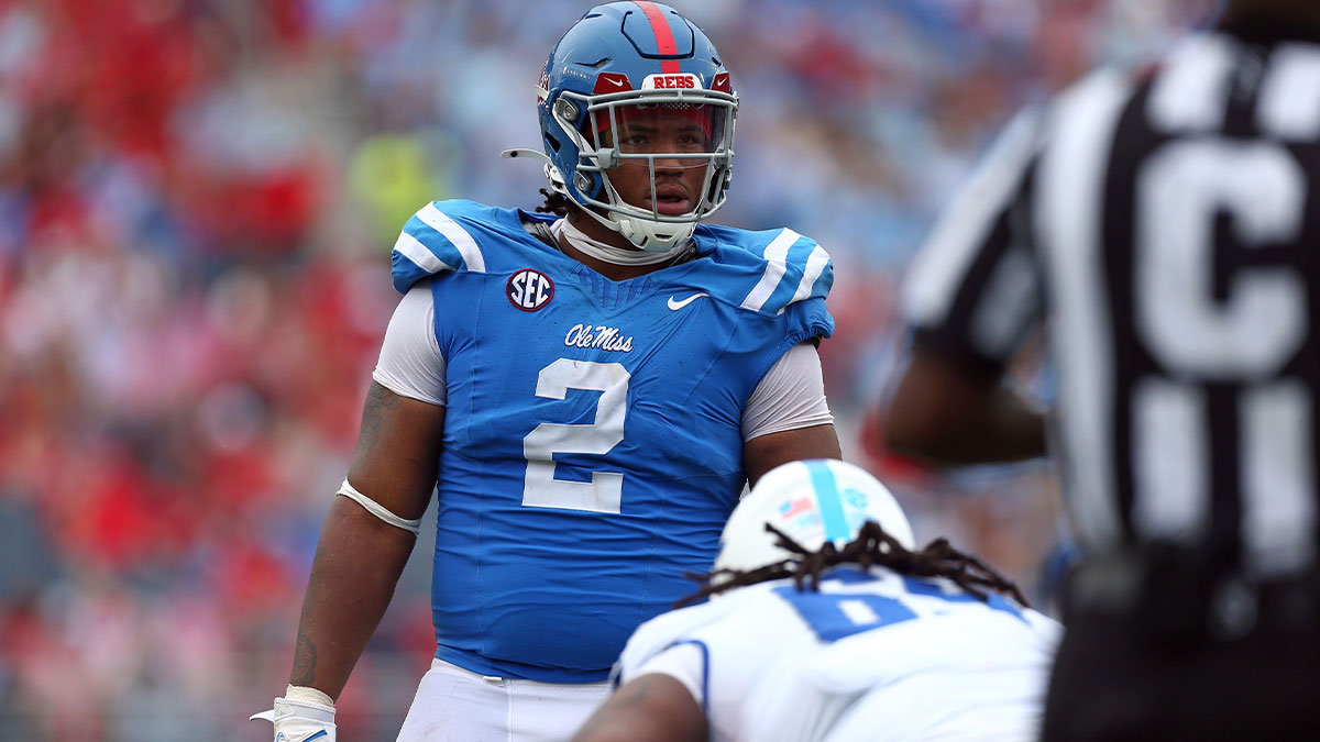 Mississippi Rebels defensive linemen Walter Nolen (2) waits for the snap during the second half against the Kentucky Wildcats at Vaught-Hemingway Stadium.