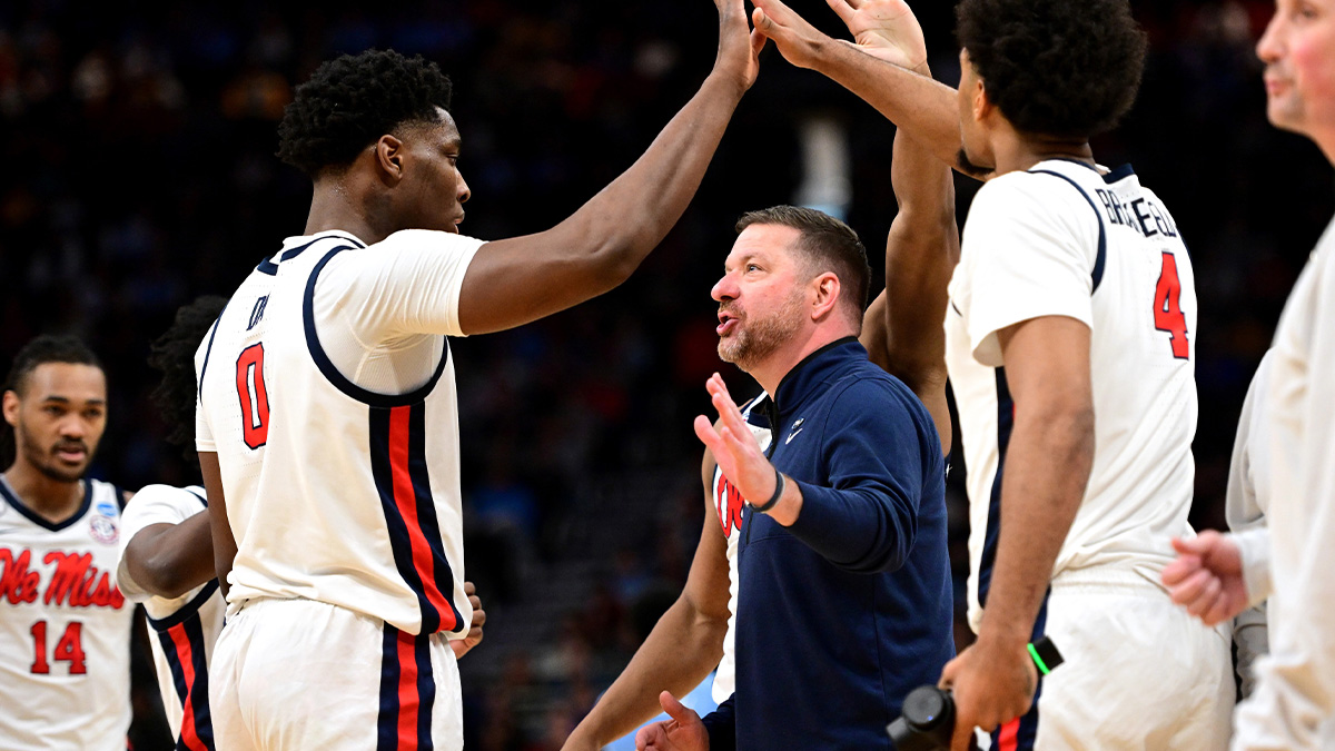 Mississippi Rebels head coach Chris Beard talks to forward Malik Dia (0) during the second half of a first round NCAA men’s tournament game against the North Carolina Tar Heels at Fiserv Forum.