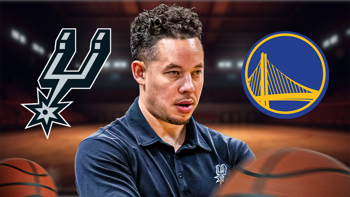 Mitch Johnson looking upset image, Spurs logo, Warriors logo