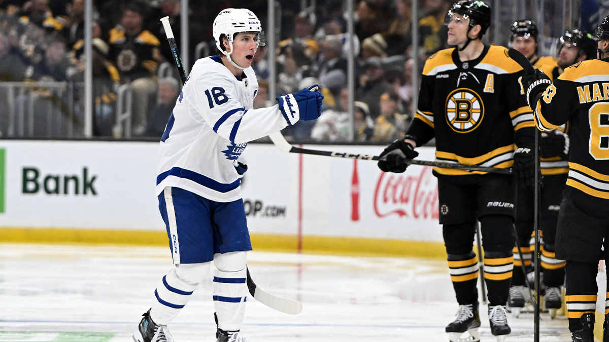 Toronto Maple Leafs right wing Mitch Marner (16) reacts after scoring a goal against the Boston Bruins during the third period at the TD Garden. 