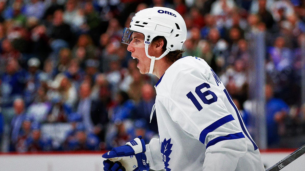 Toronto Maple Leafs right wing Mitch Marner (16) reacts after his second goal in the first period against the Colorado Avalanche at Ball Arena.