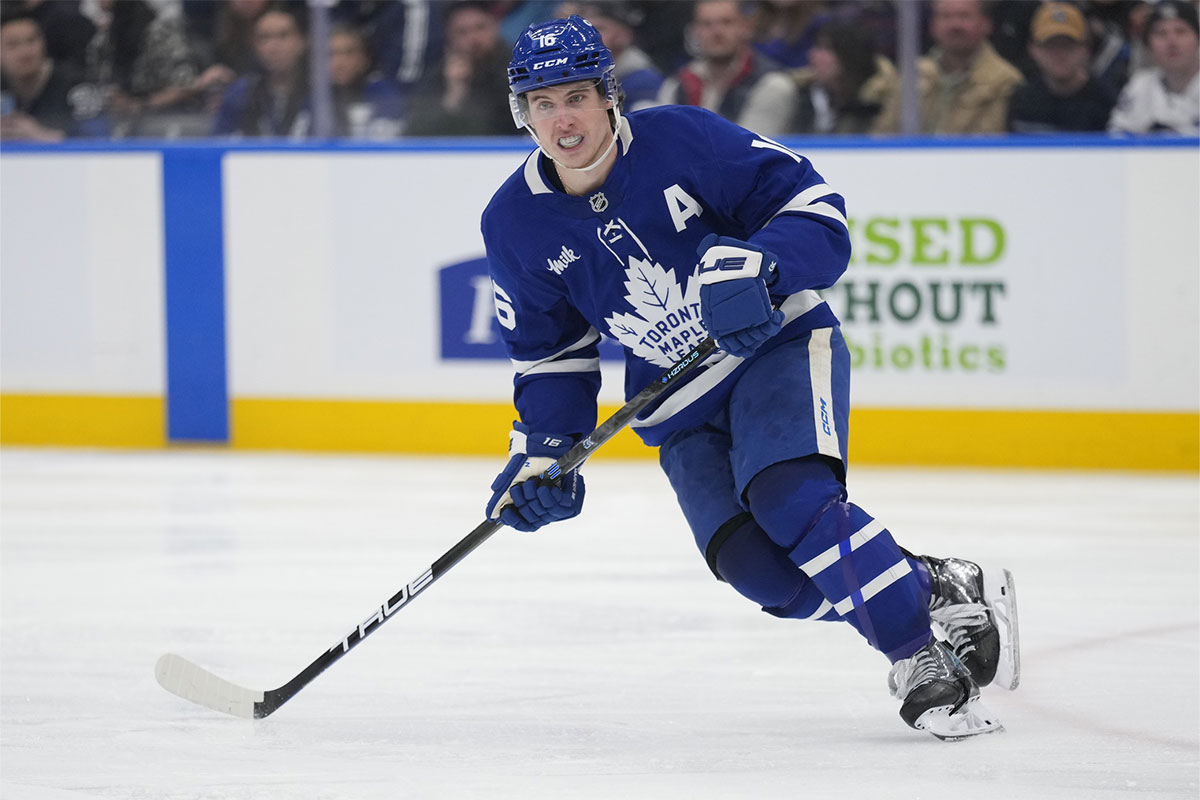 Toronto Maple Leafs forward Mitch Marner (16) skates against the Colorado Avalanche during the third period at Scotiabank Arena.