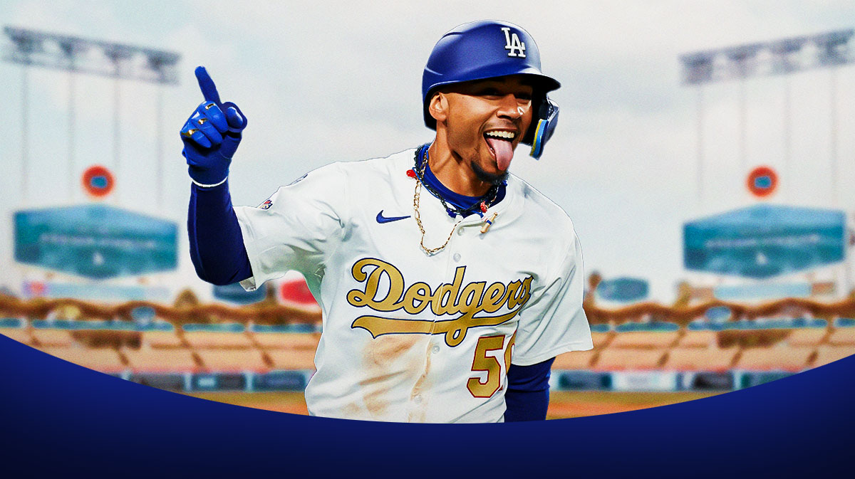 Los Angeles Dodgers star Mookie Betts looking hyped in front of Dodger Stadium.