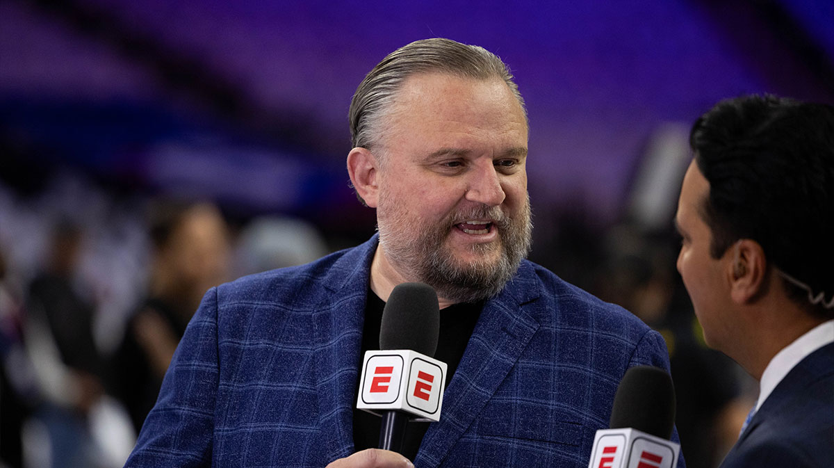 Philadelphia 76ers president of basketball operations Daryl Morey is interviewed before a game against the Milwaukee Bucks at Wells Fargo Center