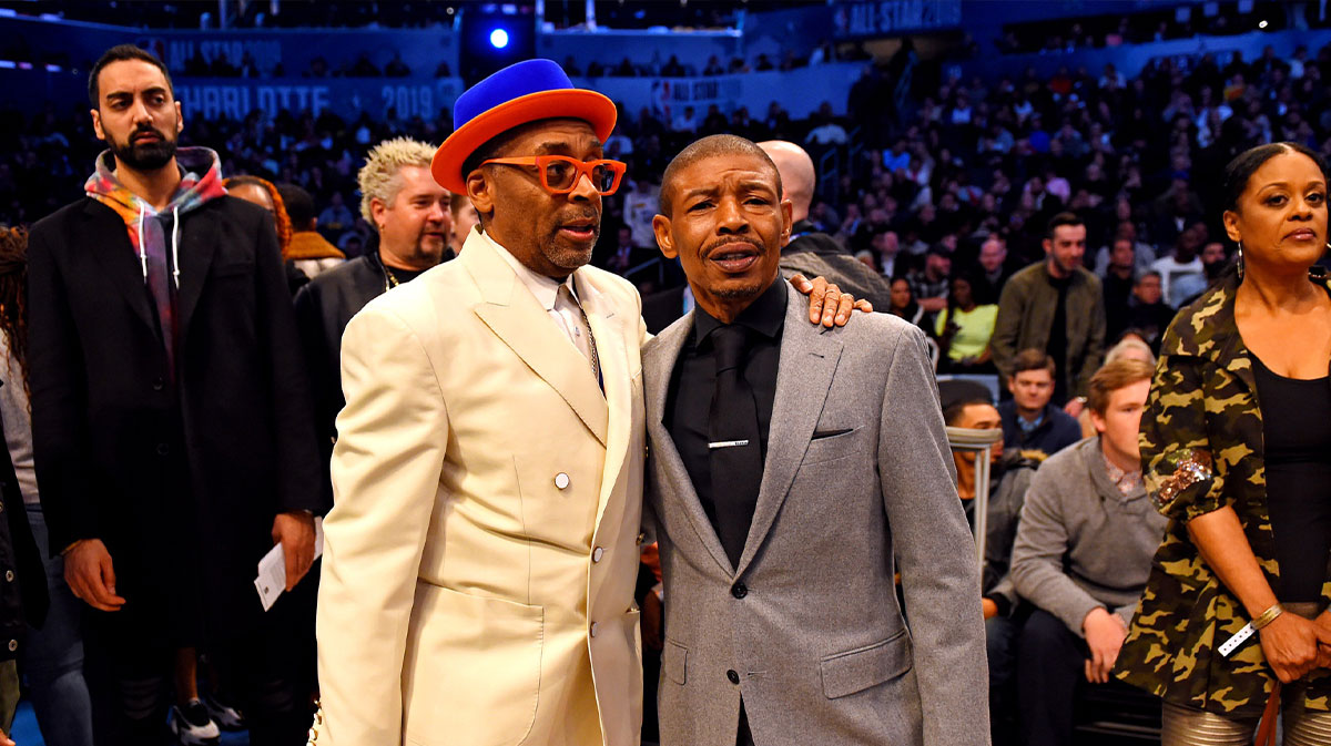 Film director Spike Lee and NBA former player Muggsy Bogues during the 2019 NBA All-Star Game at Spectrum Center.