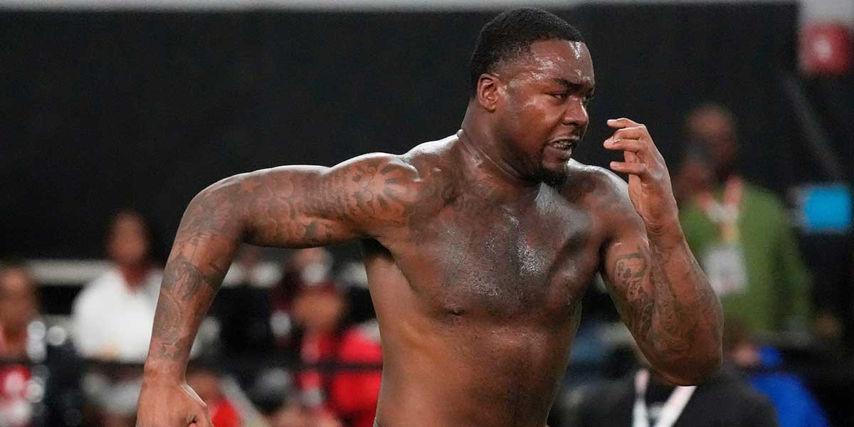 Former Georgia defensive lineman Mykel Williams runs a drill during UGA Footballs Pro Day in Athens, Ga., on Wednesday, March 12, 2025. Representatives from all 32 NFL teams are on hand to watch former UGA football players in action.