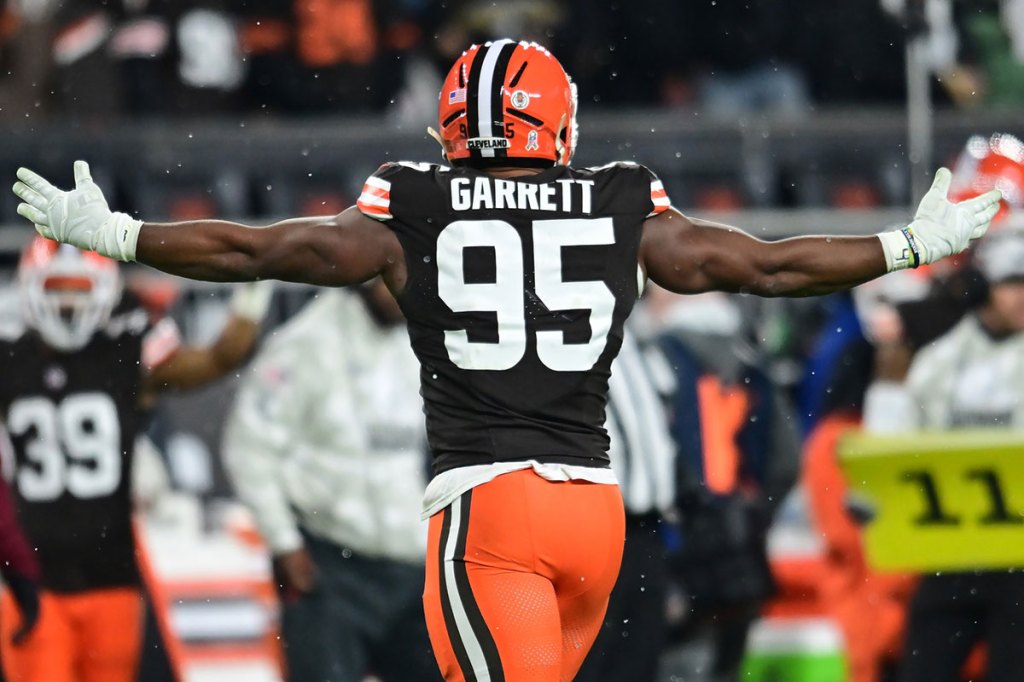 Cleveland Browns defensive end Myles Garrett (95) celebrates after sacking Pittsburgh Steelers quarterback Russell Wilson (not pictured) during the first half at Huntington Bank Field. 