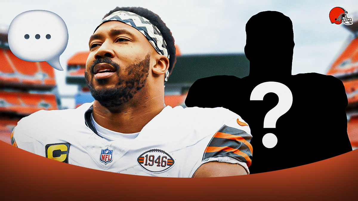 Browns edge rusher Myles Garrett with a speech bubble that has the three dots emoji inside. He is next to a silhouette of an American football player with a big question mark emoji inside. There is also a logo for the Cleveland Browns.
