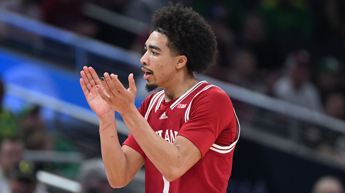 Mar 13, 2025; Indianapolis, IN, USA; Indiana Hoosiers guard Myles Rice (1) celebrates after a play during the second half against the Oregon Ducks at Gainbridge Fieldhouse.