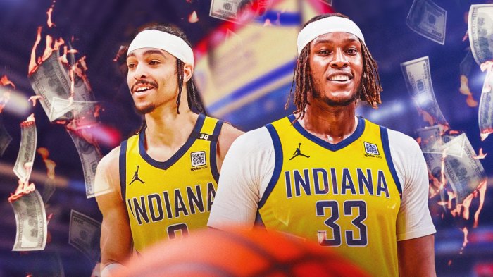 Pacers' Myles Turner and Andrew Nembhard smiling, with burning dollars falling from the sky