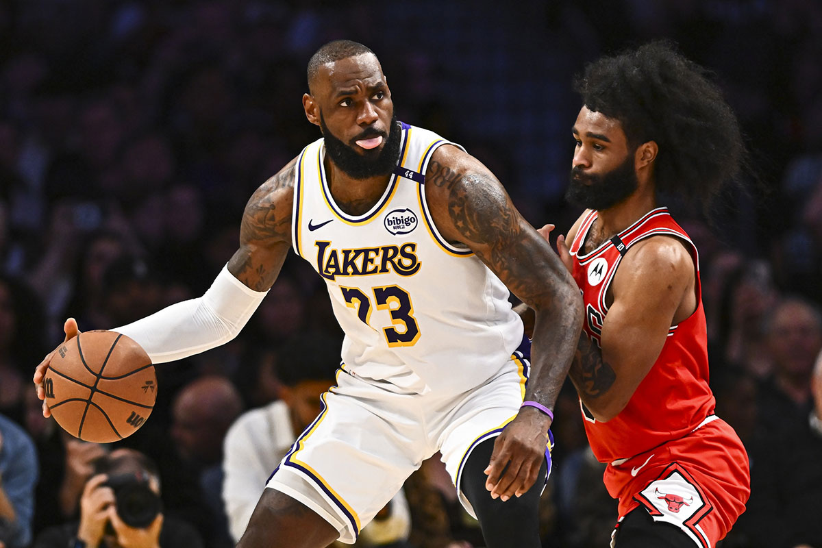 Los Angeles Lakers forward LeBron James (23) looks to pass against Chicago Bulls guard Coby White (0) during the second half at Crypto.com Arena.
