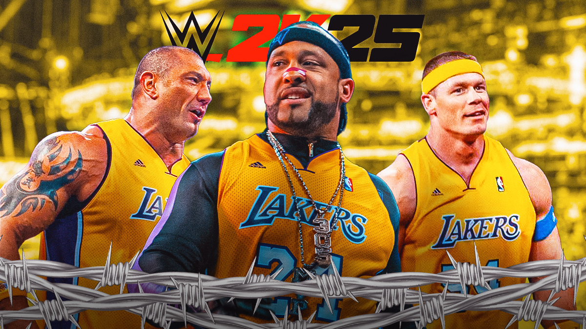 MVP, John Cena and Batista wearing lakers jerseys like these WWE 2k25 logo in the background.