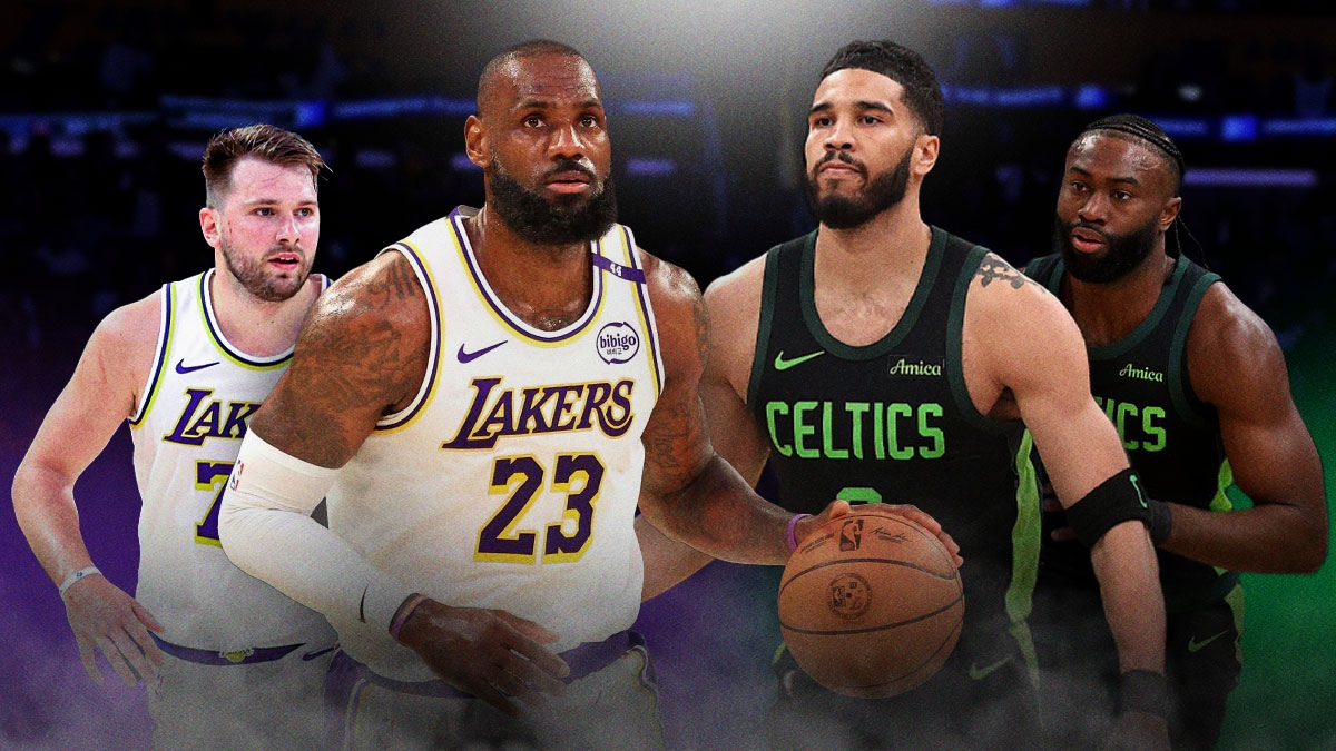 LeBron James and Luka Doncic together on the left. Jayson Tatum and Jaylen Brown on the right.