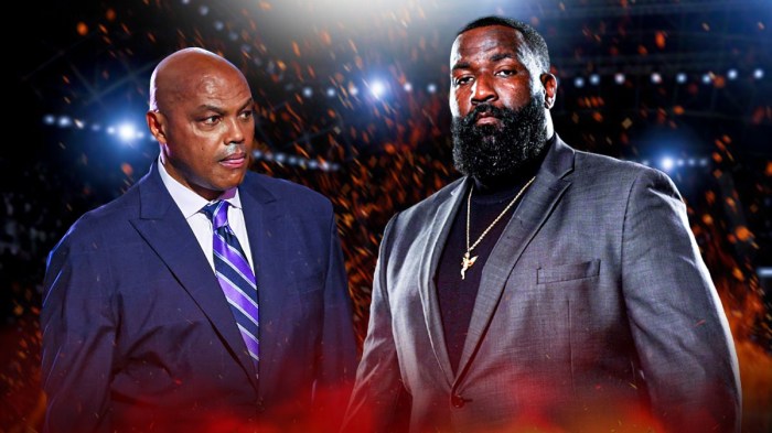 ESPN's Kendrick Perkins next to TNT's Charles Barkley with flames in the background