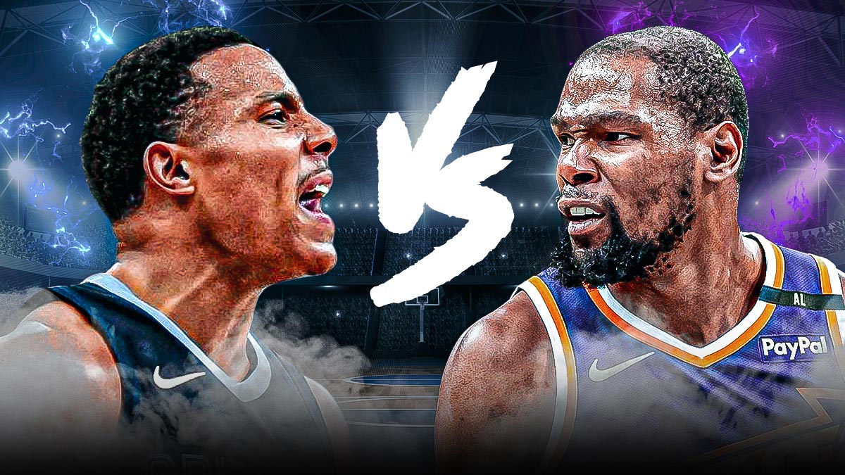 Grizzlies' Desmond Bane and Suns' Kevin Durant looking angrily towards each other, with VS logo in the middle