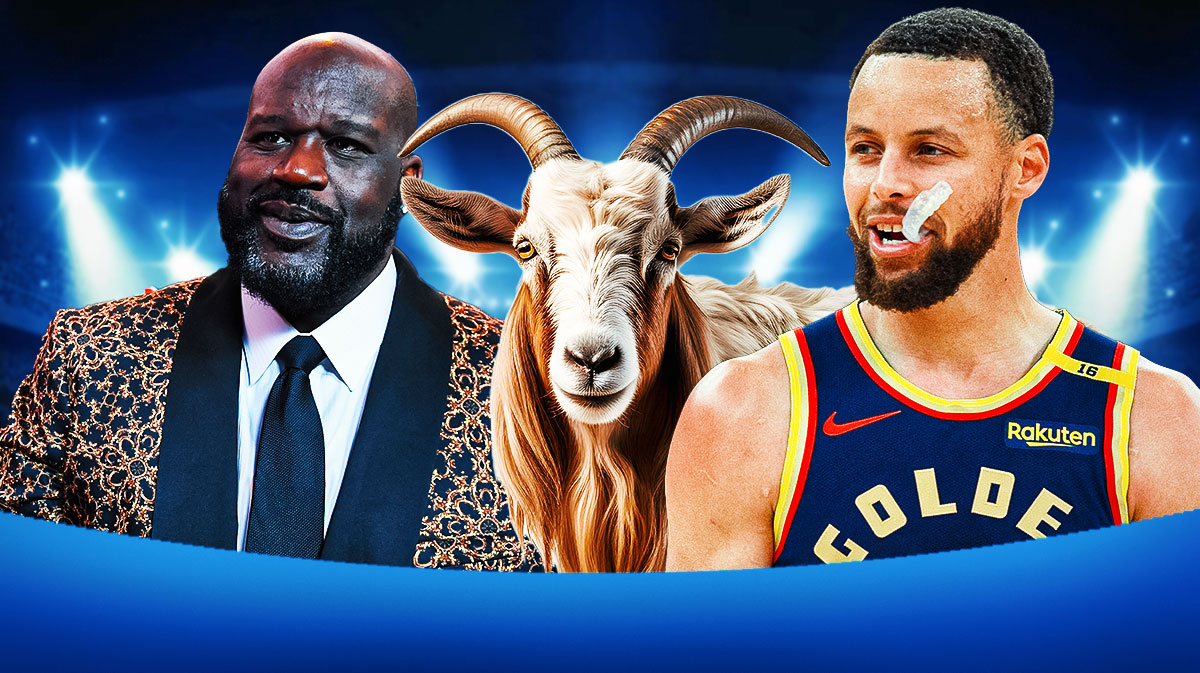 Shaq and Stephen Curry with a goat in the middle of them.