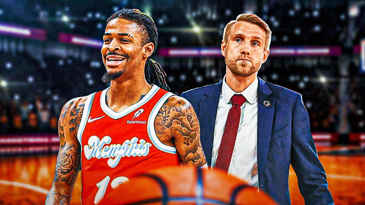 Memphis Grizzlies star Ja Morant and Tuomas Iisalo in front of Fedex Forum.