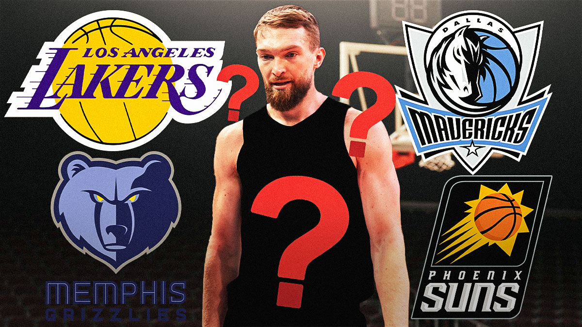 Kings' Domantas Sabonis wearing blank uniform, with Lakers, Grizzlies, Mavericks, Suns logos around him, question marks all over