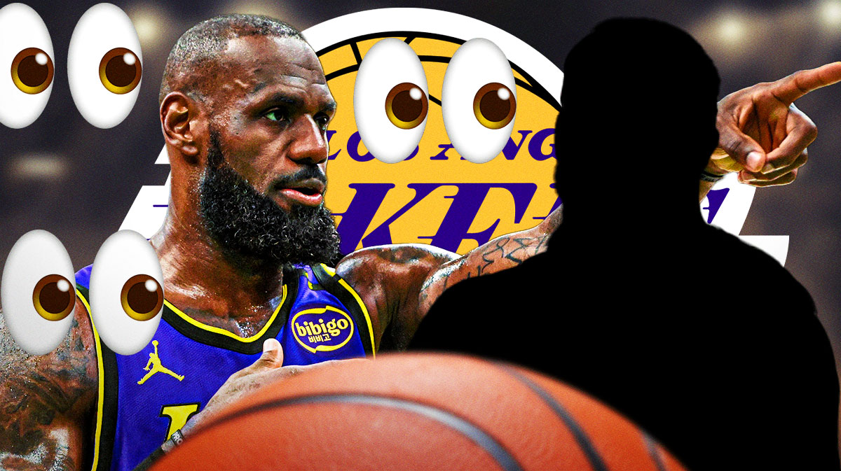 LeBron James, silhouette of Markieff Morris, LA Lakers logo, eyes symbols