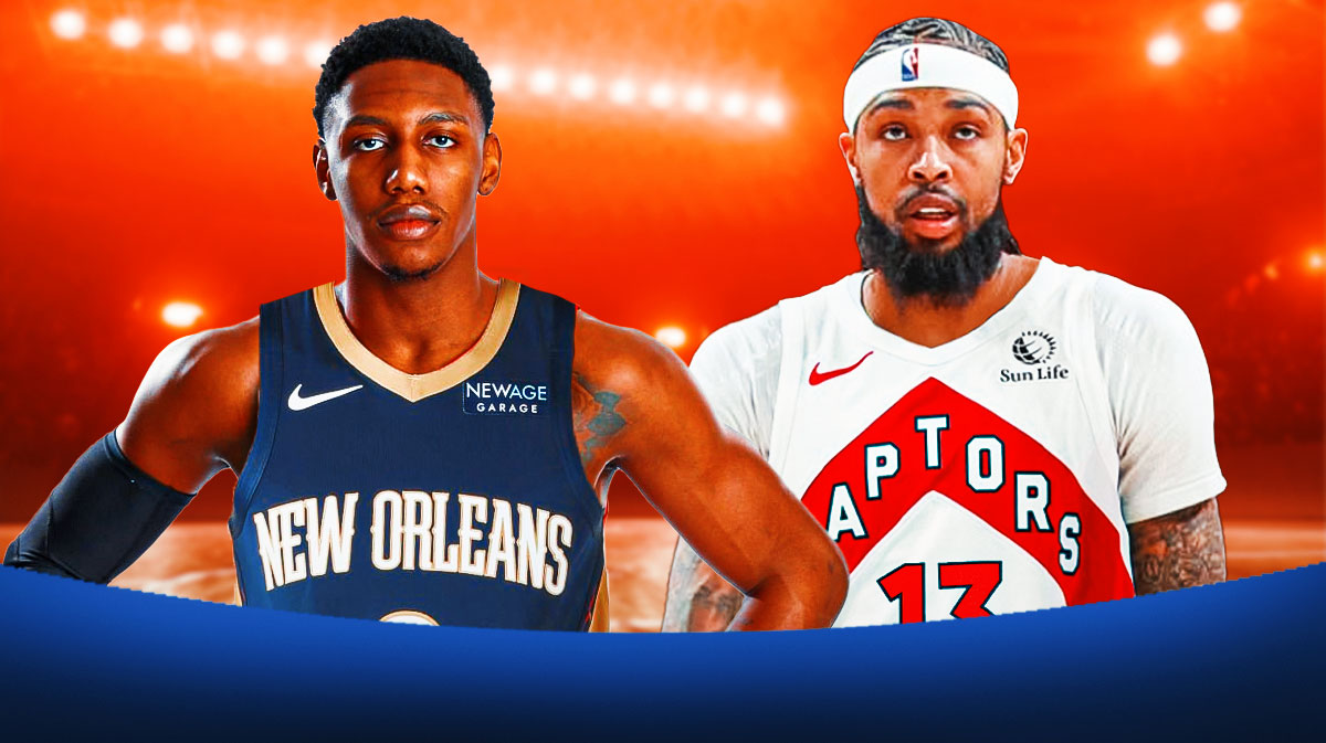 RJ Barrett in a Pelicans jersey and Brandon Ingram in a Raptors jersey.
