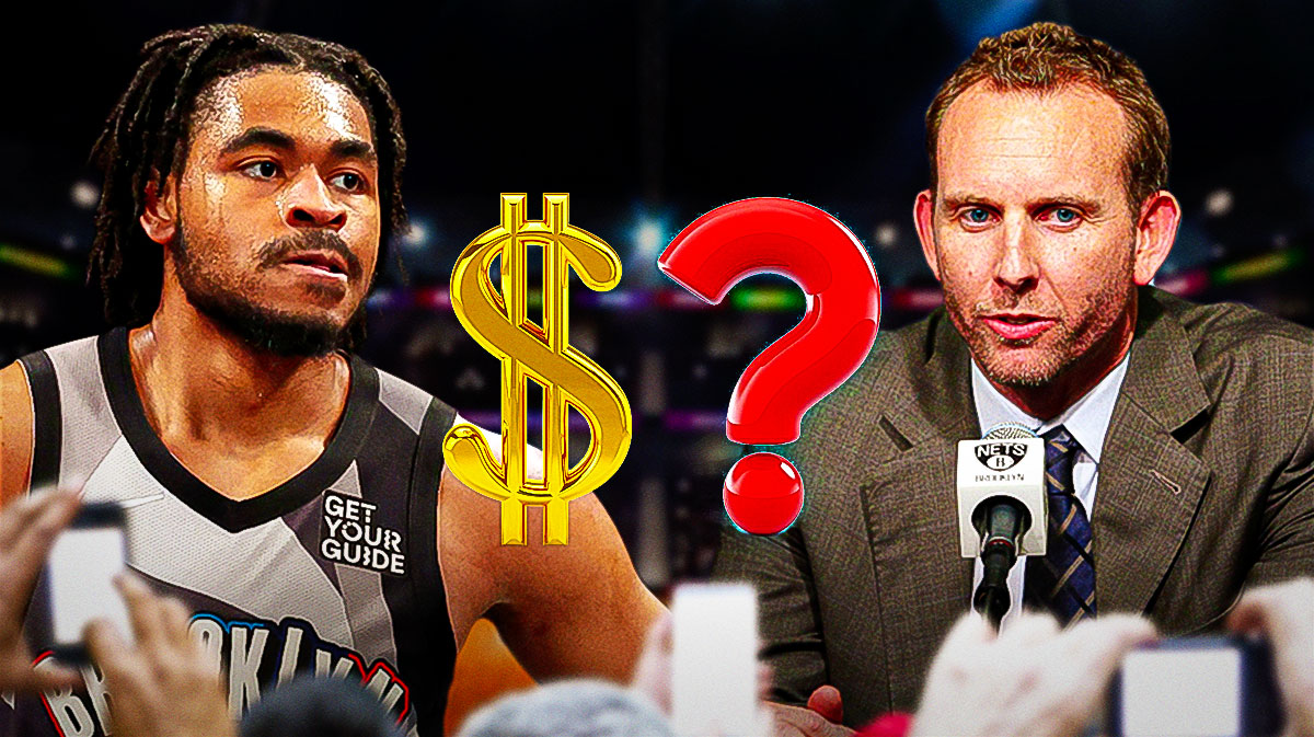 Cam Thomas on one side and Sean Marks on the other with dollar signs and question marks in between them