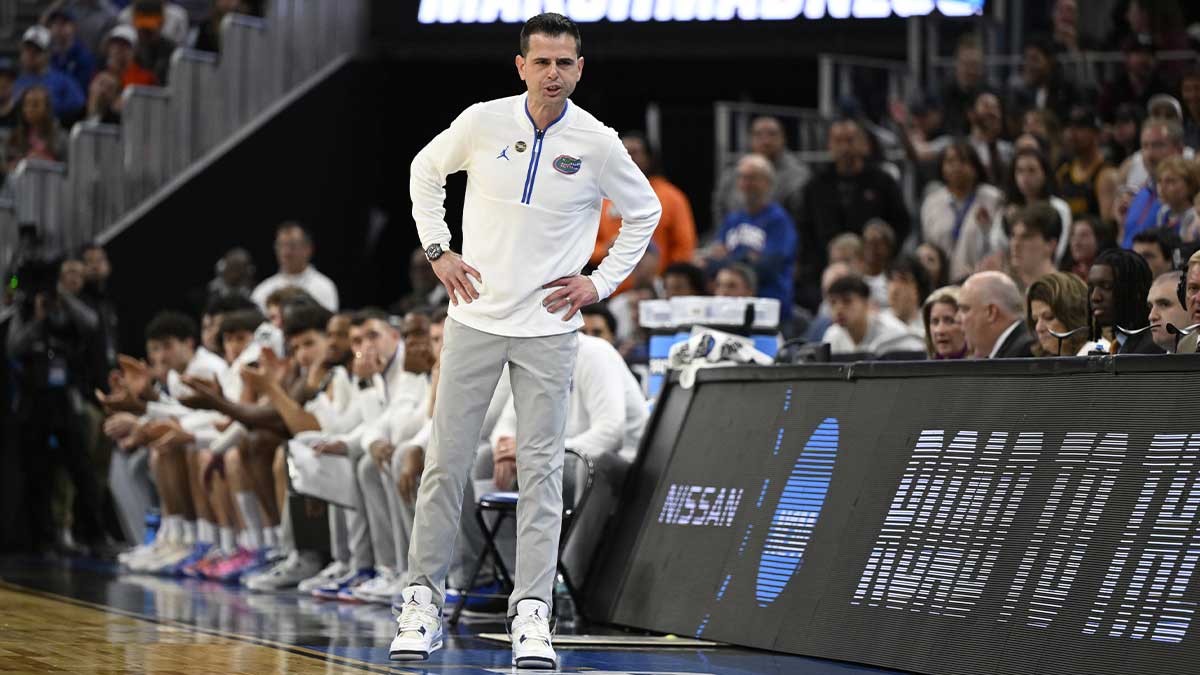 Florida Gators head coach Todd Golden stands on the sidelines during the second half against the Texas Tech Red Raiders during the West Regional final of the 2025 NCAA tournament at Chase Center.