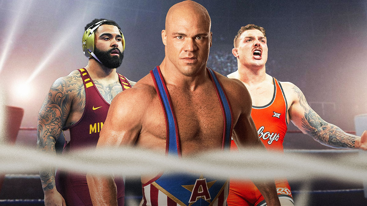 Kurt Angles next to Wyatt Hendrickson and Gable Steveson