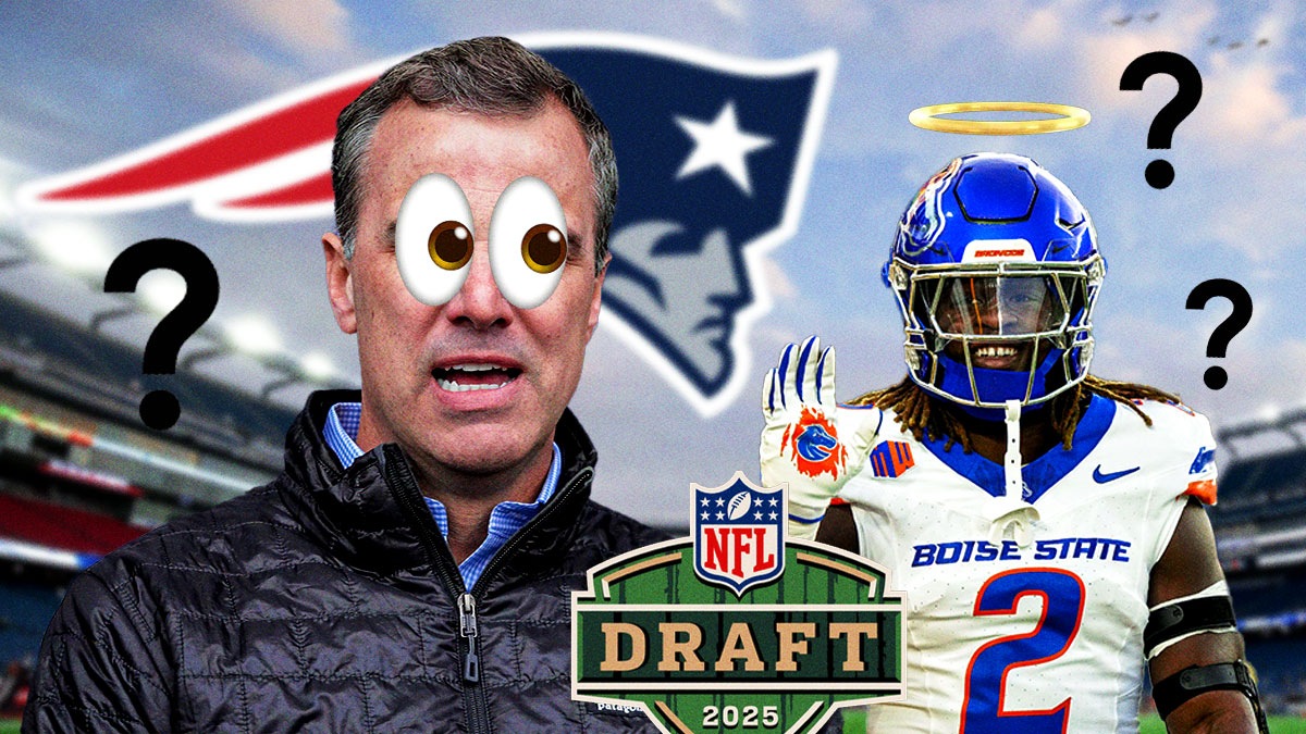 Patriots logo behind NFL insider Daniel Jeremiah with 👀 looking at Boise State RB Ashton Jeanty with an angelic halo above his head and a spotlight shining down. 2025 NFL Draft logo in foreground. Multiple ❓ emojis in background. Background is Gillette Stadium.