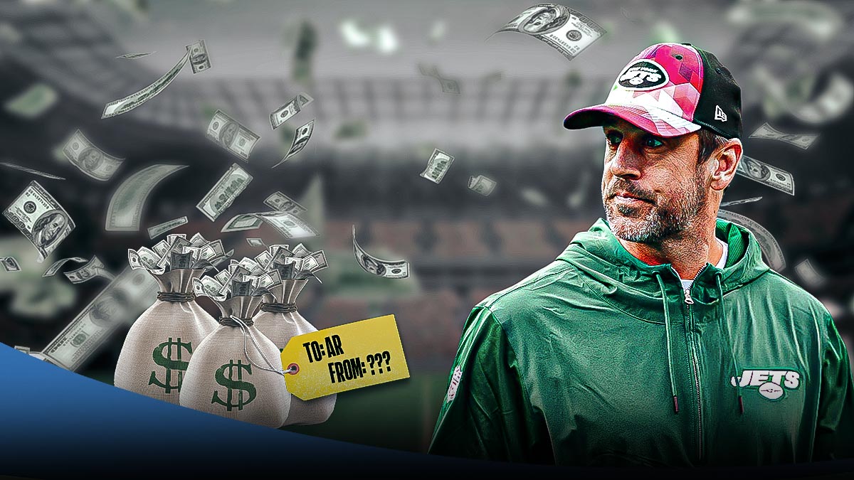 QB Aaron Rodgers thinking/confused with bags of money in background/behind him. Tag on money bags says: "To: AR From: ???" Background is football field. Money falling in sky.