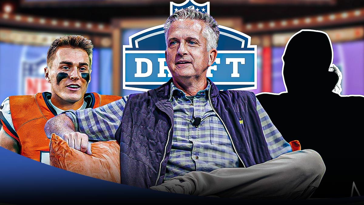 Bill Simmons in between silhouette of Jaxson Dart and Bo Nix. NFL Draft logo in the background.