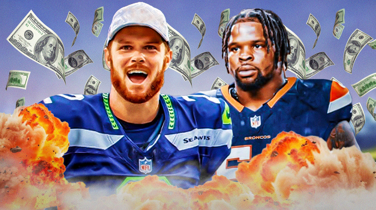 Sam Darnold (Photoshopped in Seahawks jersey) and Dre Greenlaw (photoshopped in Broncos jersey) together with money and explosions all around the graphic.