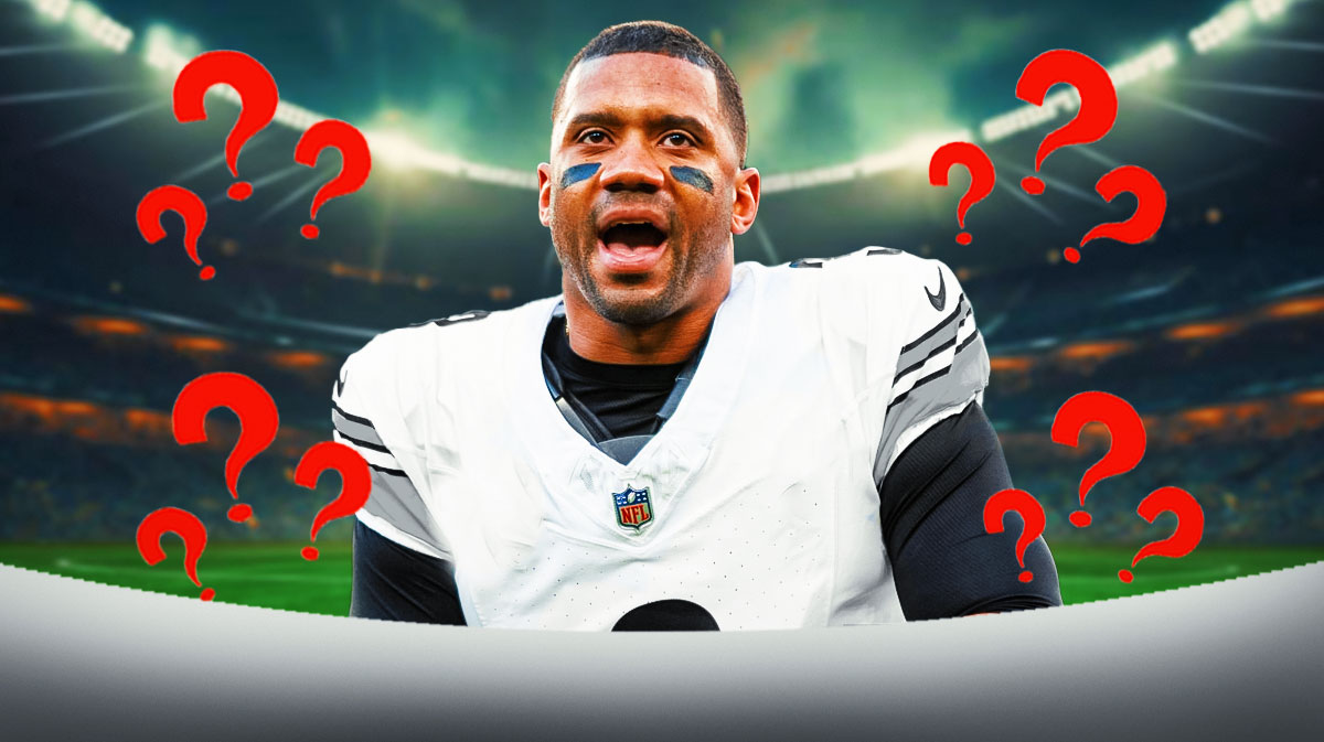 Russell Wilson in a blank white jersey with question marks all around