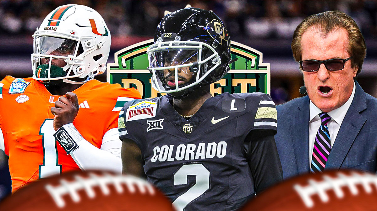 ESPN's Mel Kiper next to Colorado QB Shedeur Sanders and Miami QB Cam Ward. There is also a logo for the 2025 NFL Draft.