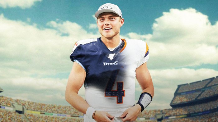 Zach Wilson with his Broncos gear fading into Titans gear.