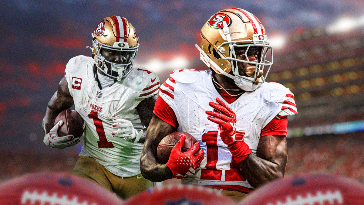 Photo: Brandon Aiyuk in action, question marks above him, Deebo Samuel beside him, both in 49ers jersey, open door behind both of them