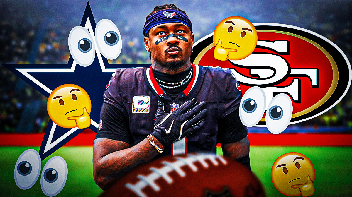 49ers logo and Cowboys logo behind free agent WR Stefon Diggs with multiple 👀 and 🤔 emojis in background indicating free agency. Background is football field.